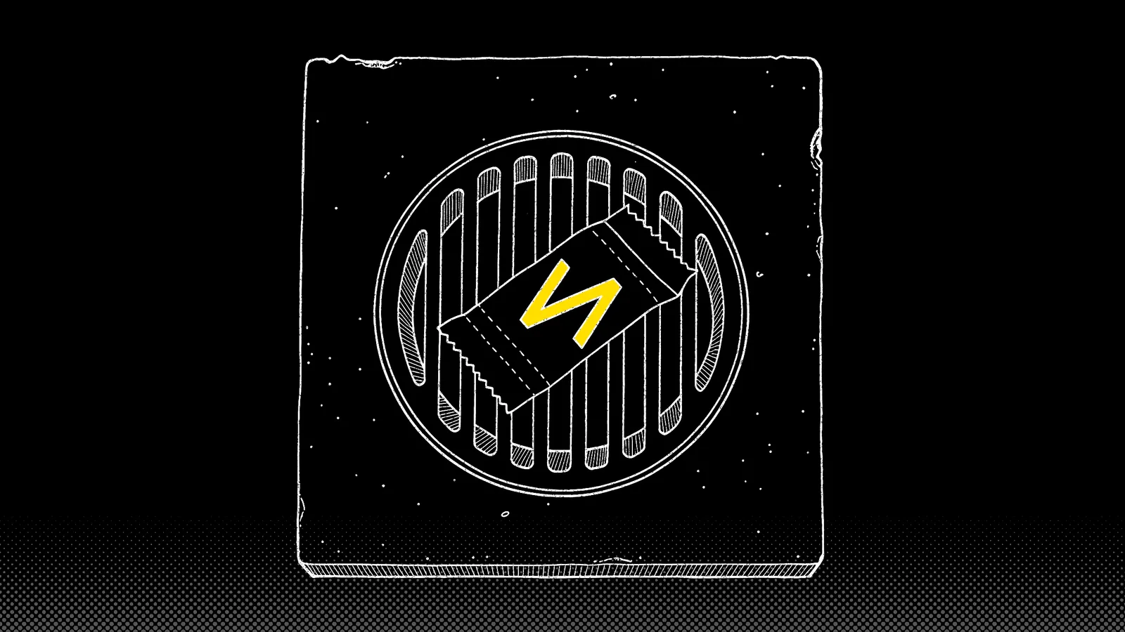 White line drawing of a storm drain grate in a pavement slab, a folded receipt across its bars bearing a yellow mark.