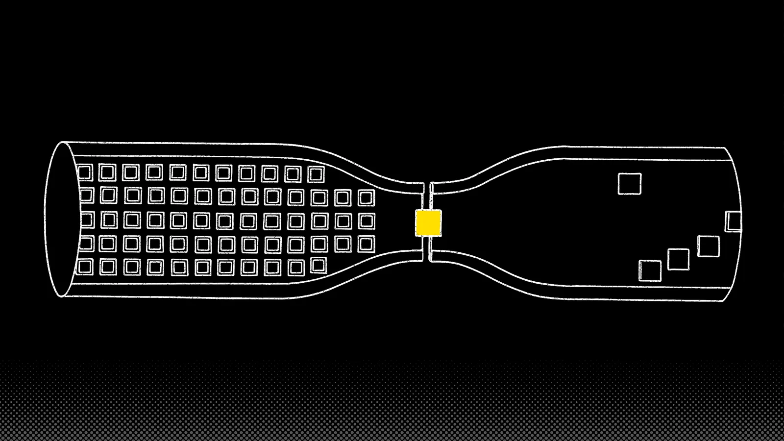 White line drawing of a pipe pinched to a thin neck, square packets crowding the wide end and one yellow packet passing.