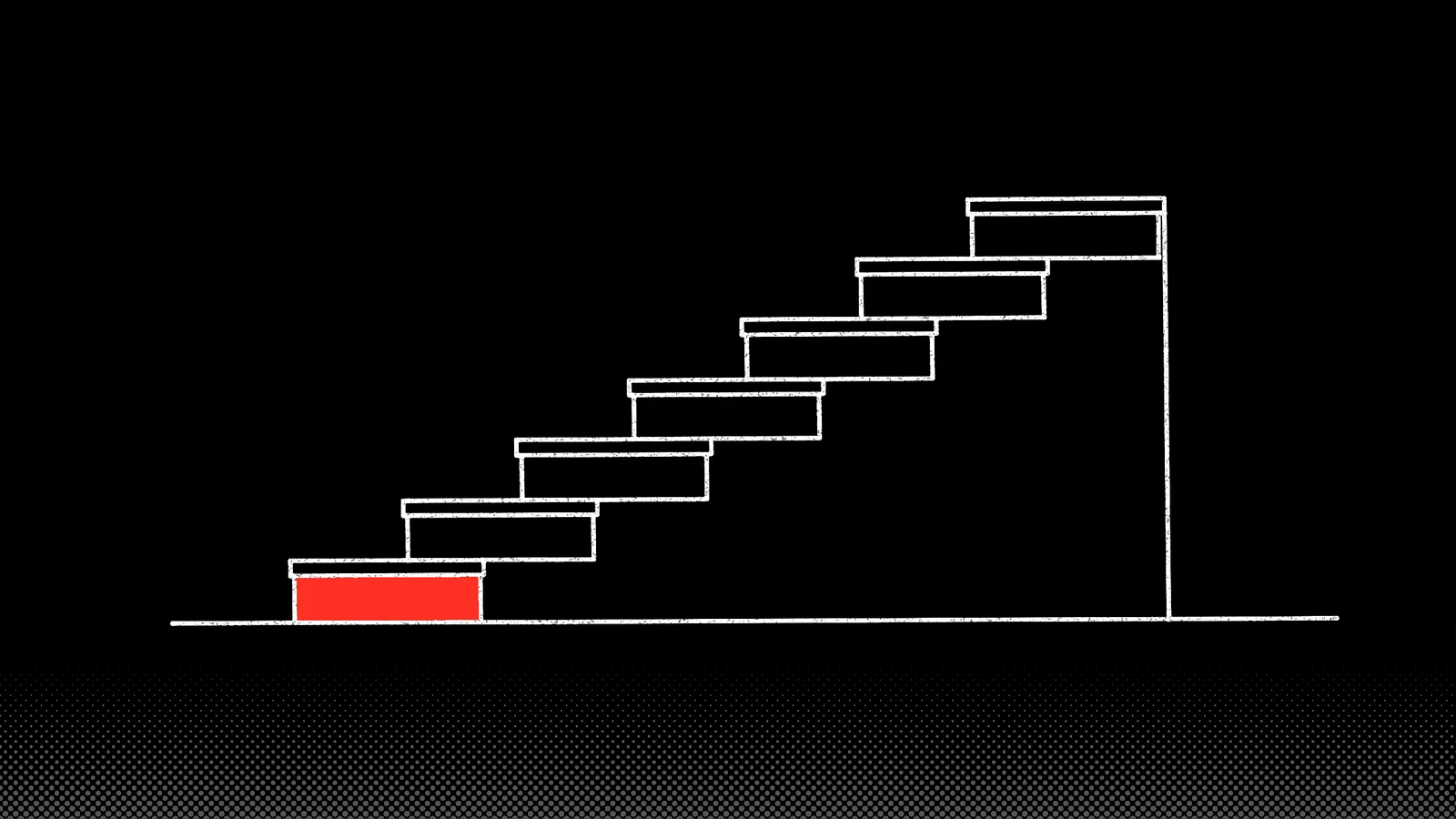 White line drawing of seven plain steps climbing left to right, the lowest step filled red.