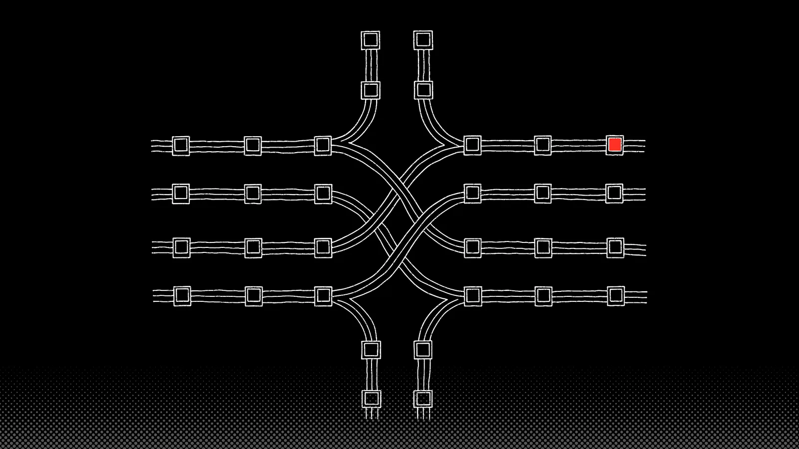 White line map of four parallel channels that split and cross, square outposts along them and one red outpost.