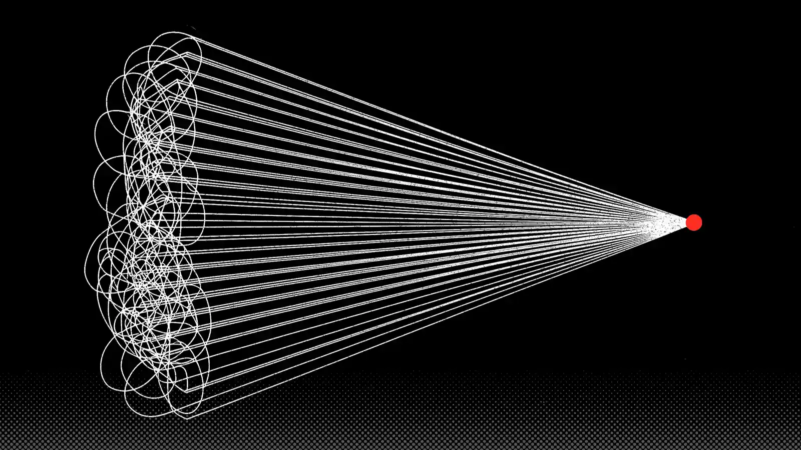 A tangle of white lines on the left drawing straight to a single small red dot on the right.