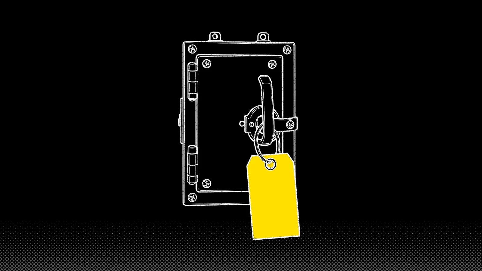 White line drawing of a disconnect box with its handle locked by a padlock and a yellow paper tag hanging from it.