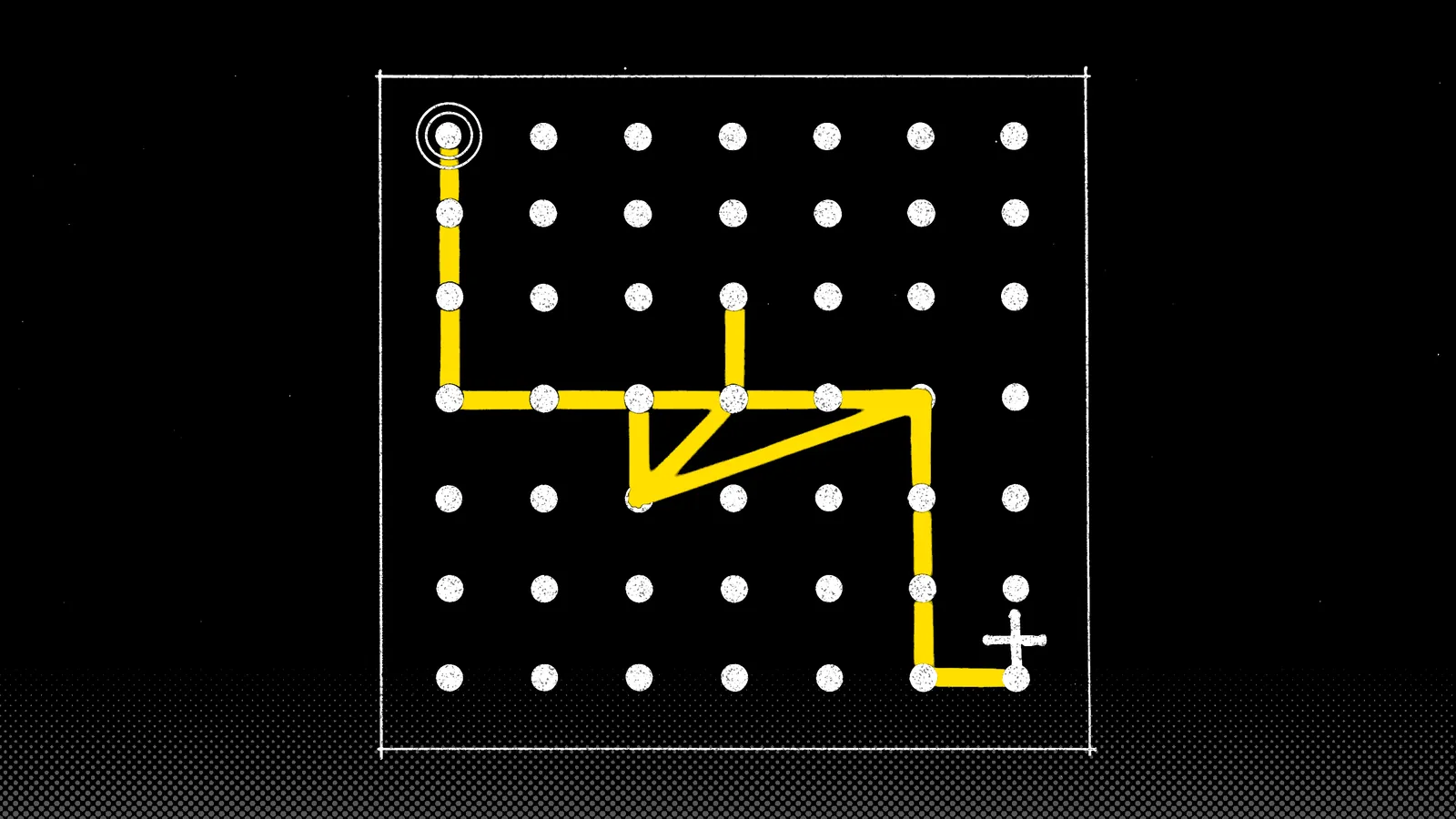 Grid of white dots in a square frame with one yellow path stepping through it from a ringed dot to a crossbar.