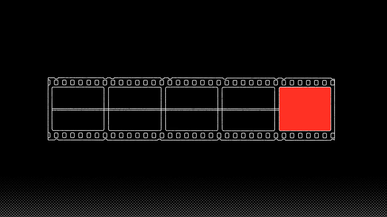 White line drawing of a film strip of square frames with one line running through, the last frame filled red.