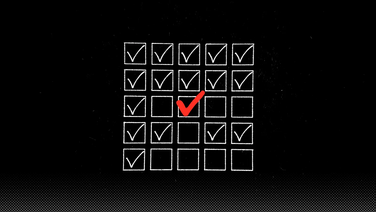 A white ledger grid of boxes, most ticked in white, one tick in red.