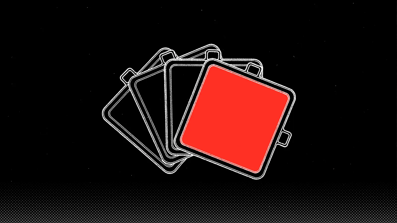 Five white outline filter plates fanned like cards, the front one filled red.