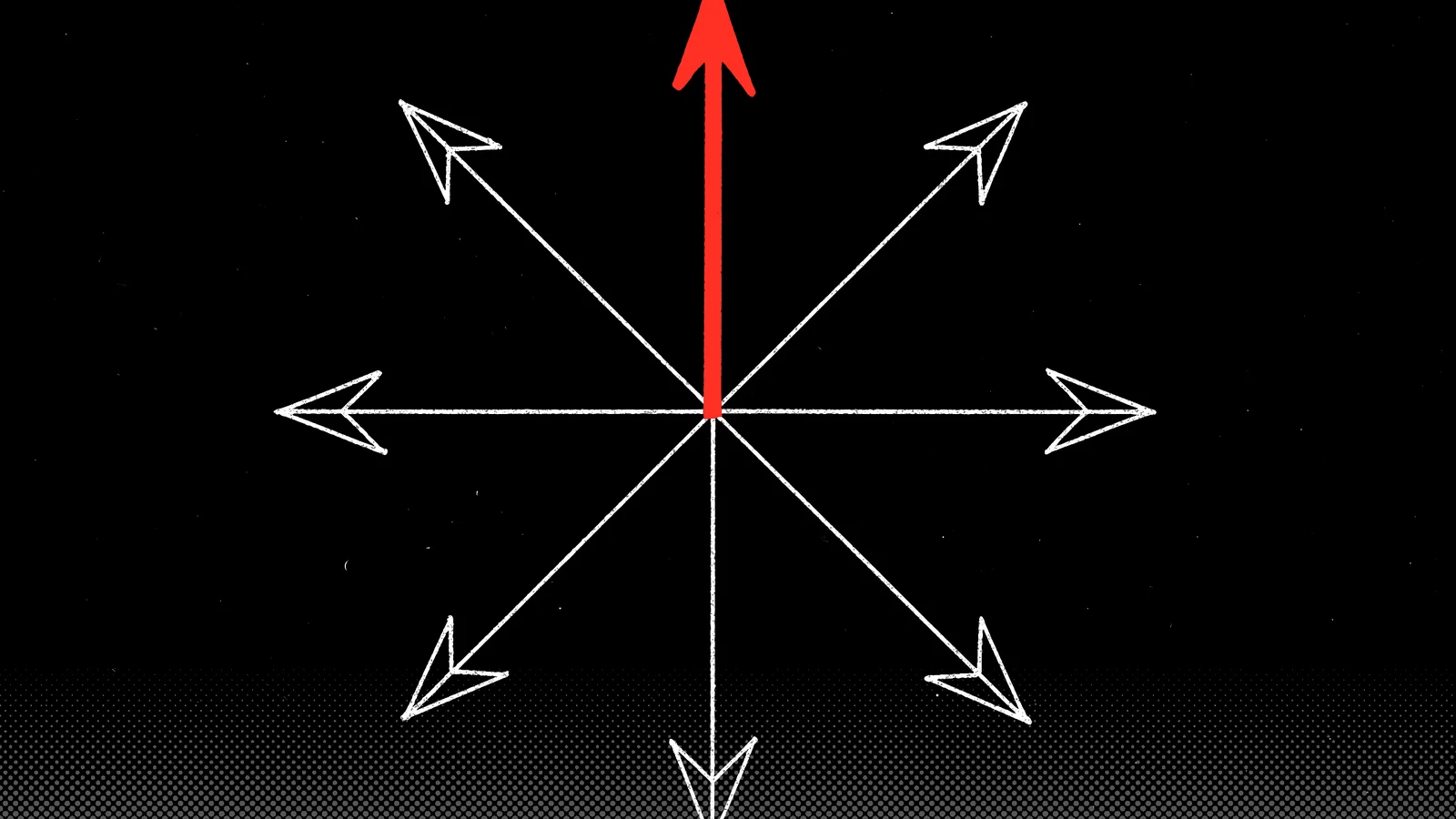 Eight white arrows radiating from one point, the one pointing up thick and red.