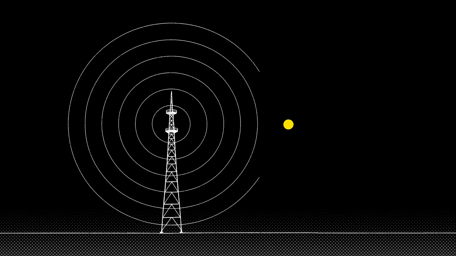 White line drawing of a lattice radio tower with concentric rings that stop short of one small yellow dot.