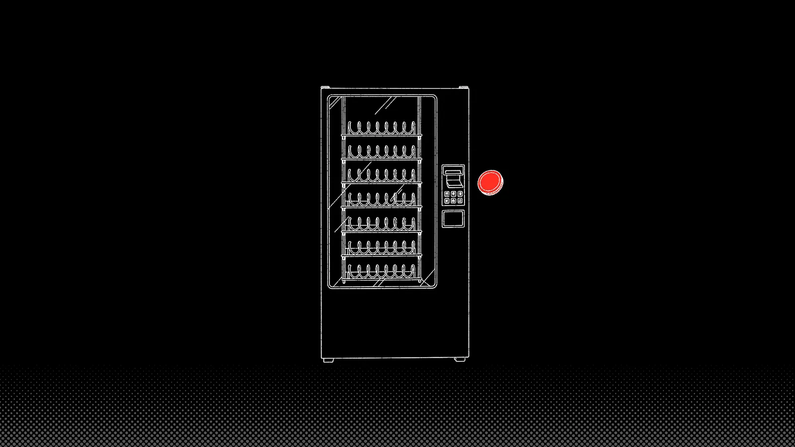 White line drawing of a vending machine with a coin slot, one red coin hanging in the air beside it.