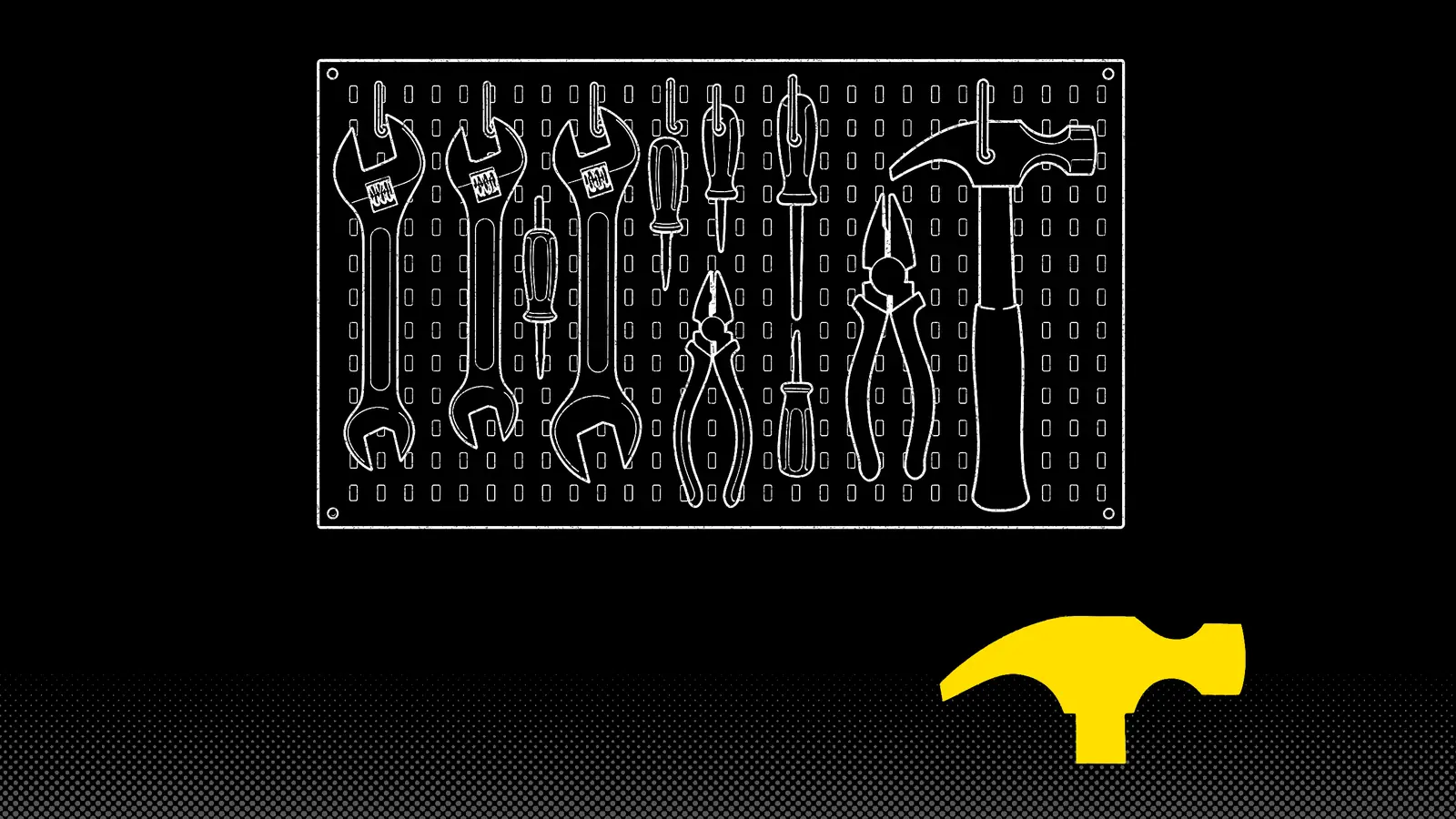 White line drawing of a pegboard of hand tools, with a single yellow hammer lying off the board beside it.